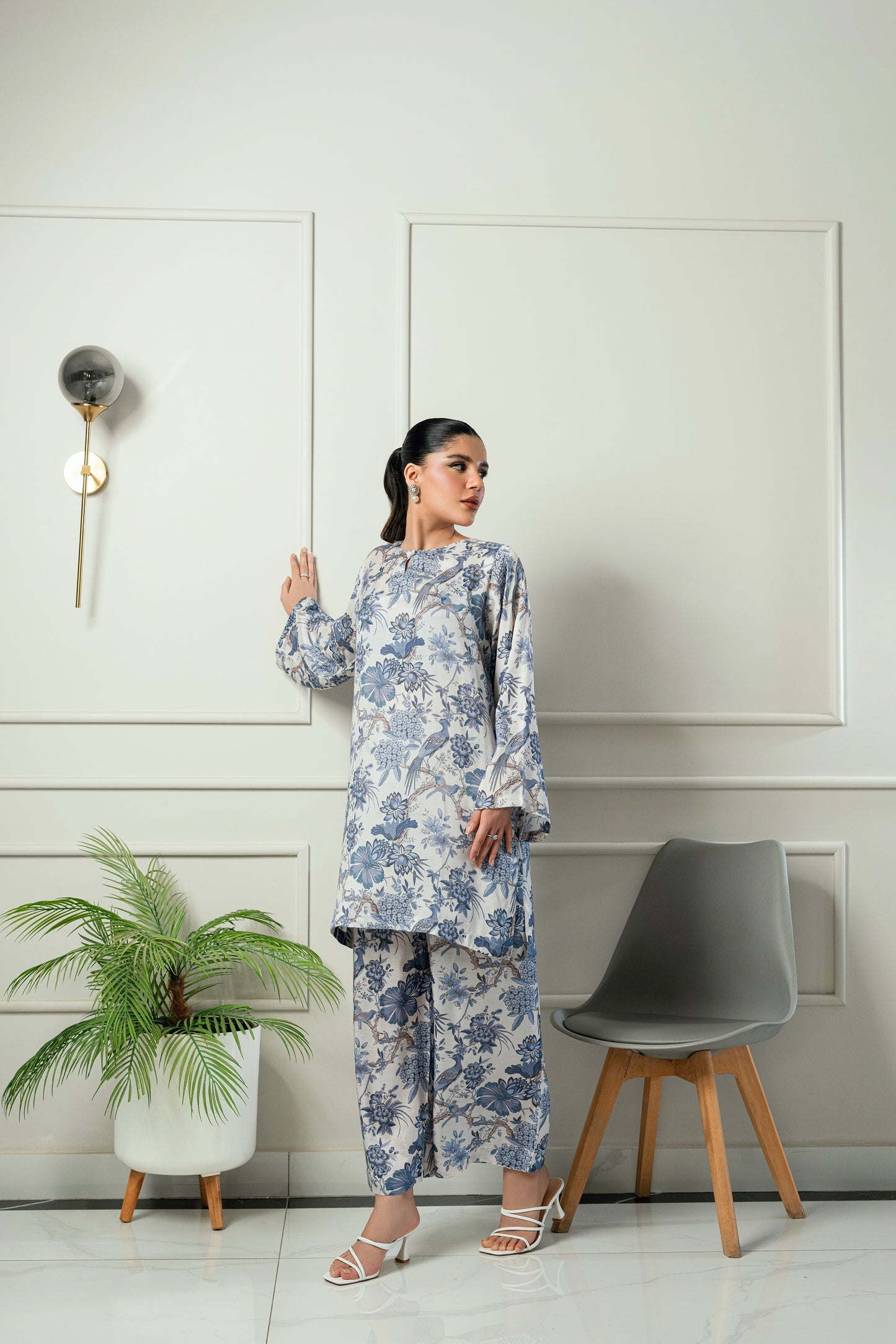 Blue Blossom- Ivory & powder blue printed 2 piece