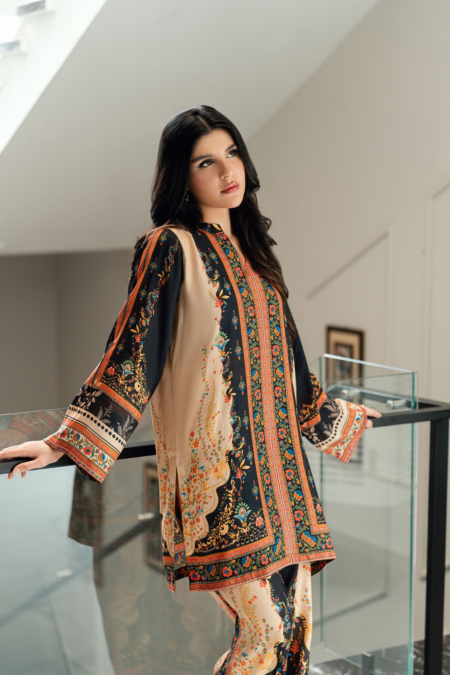 Dusky Charm – Black & Orange Printed 2-Piece